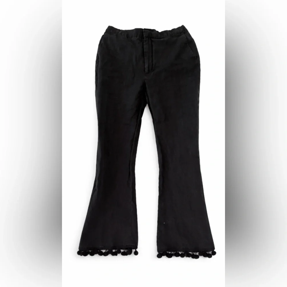 Zara Western Boho Flare Linen Pants Black Pom Pom Hem Rodeo Stretch Waist Small